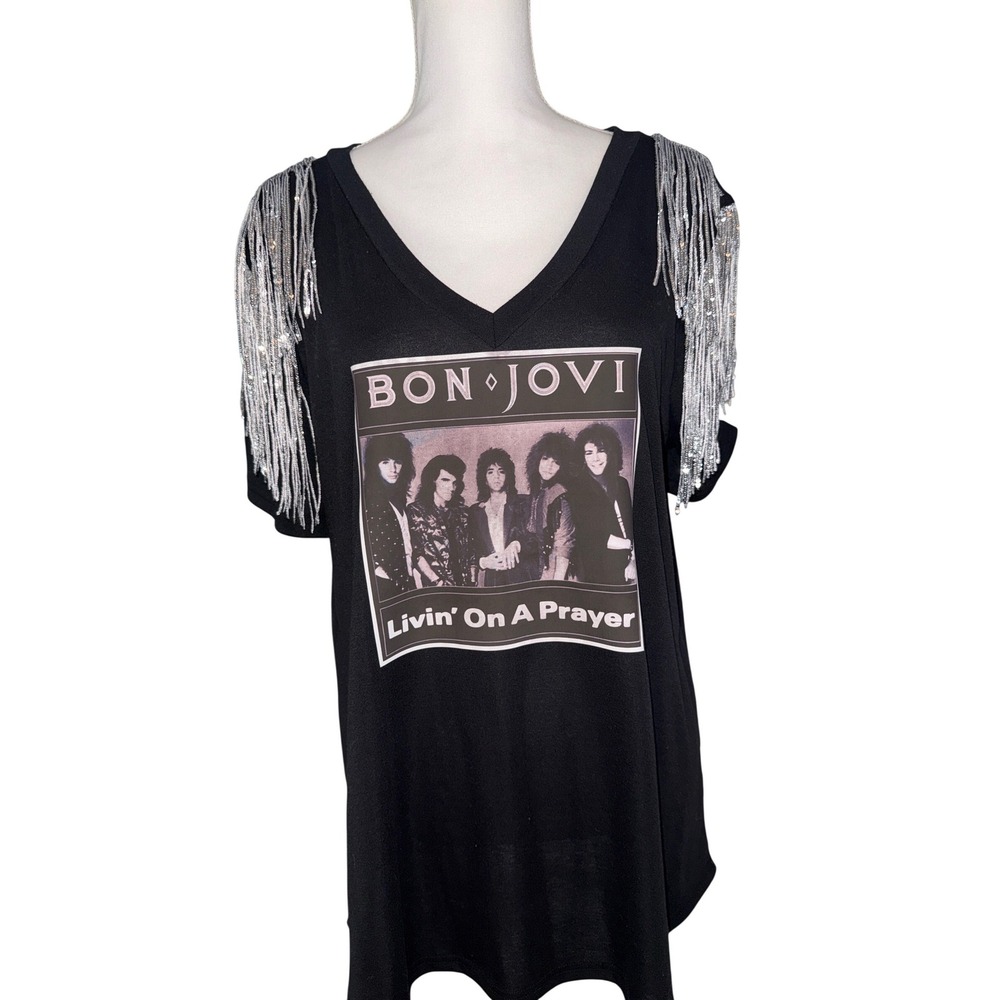 Bon‎ Jovi Glamorous Rock Band Shirt Black w/Silver Fringe Ladies 2XL